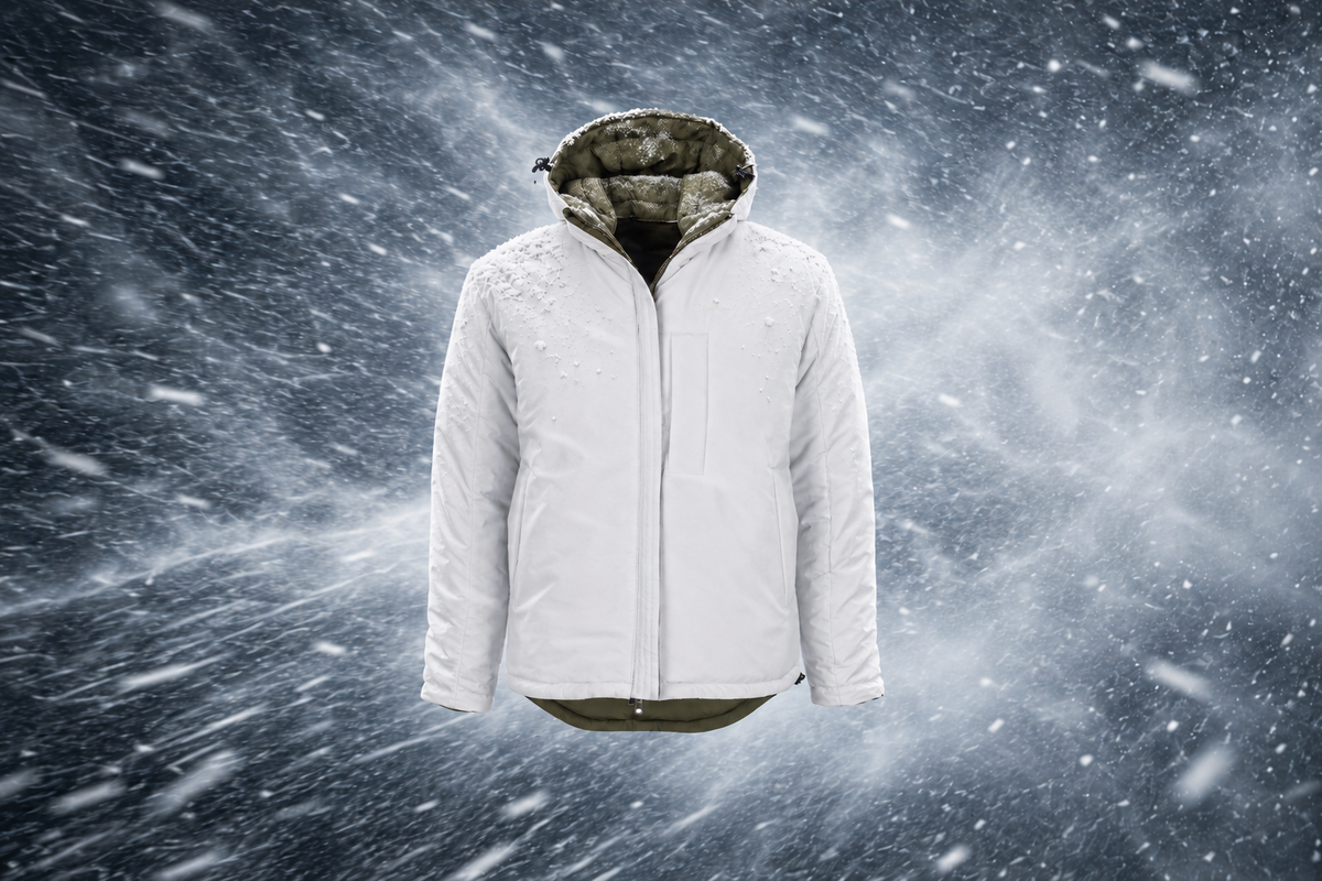White Snowstorm jacket with olive lining against a snowy background.